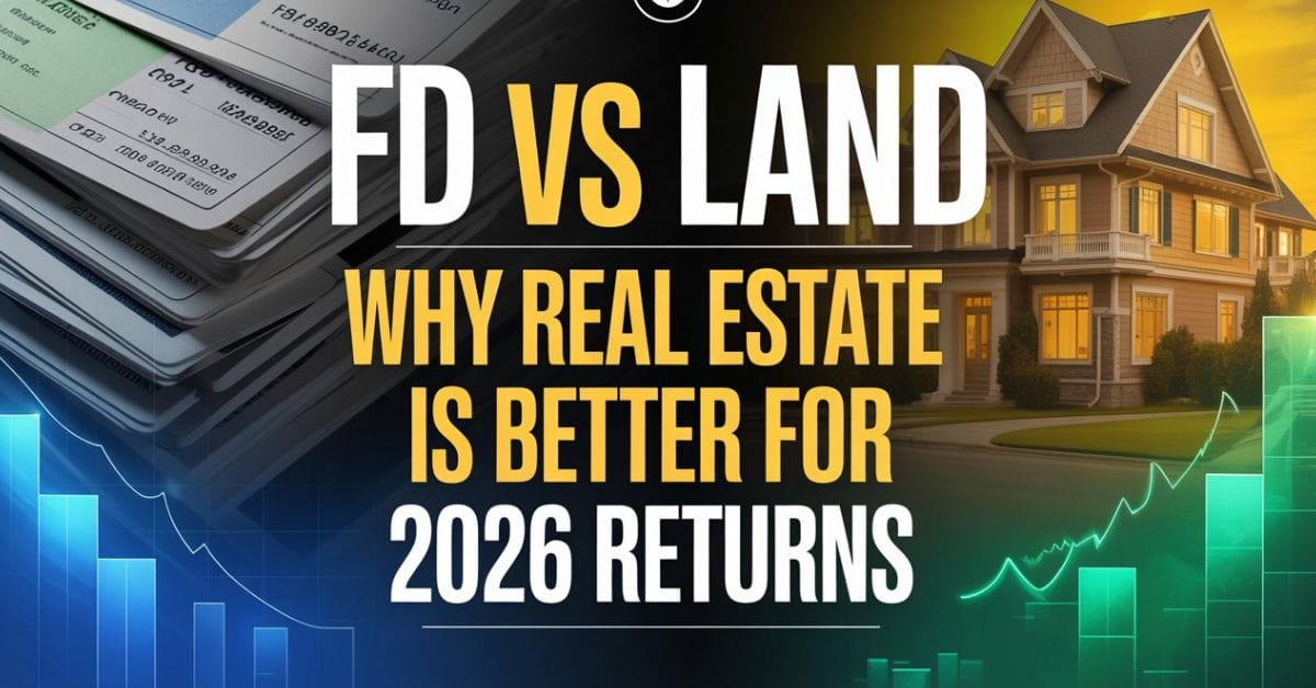 create article thumnail for FD vs Land Why Real Estate is Better for 2026 Returns